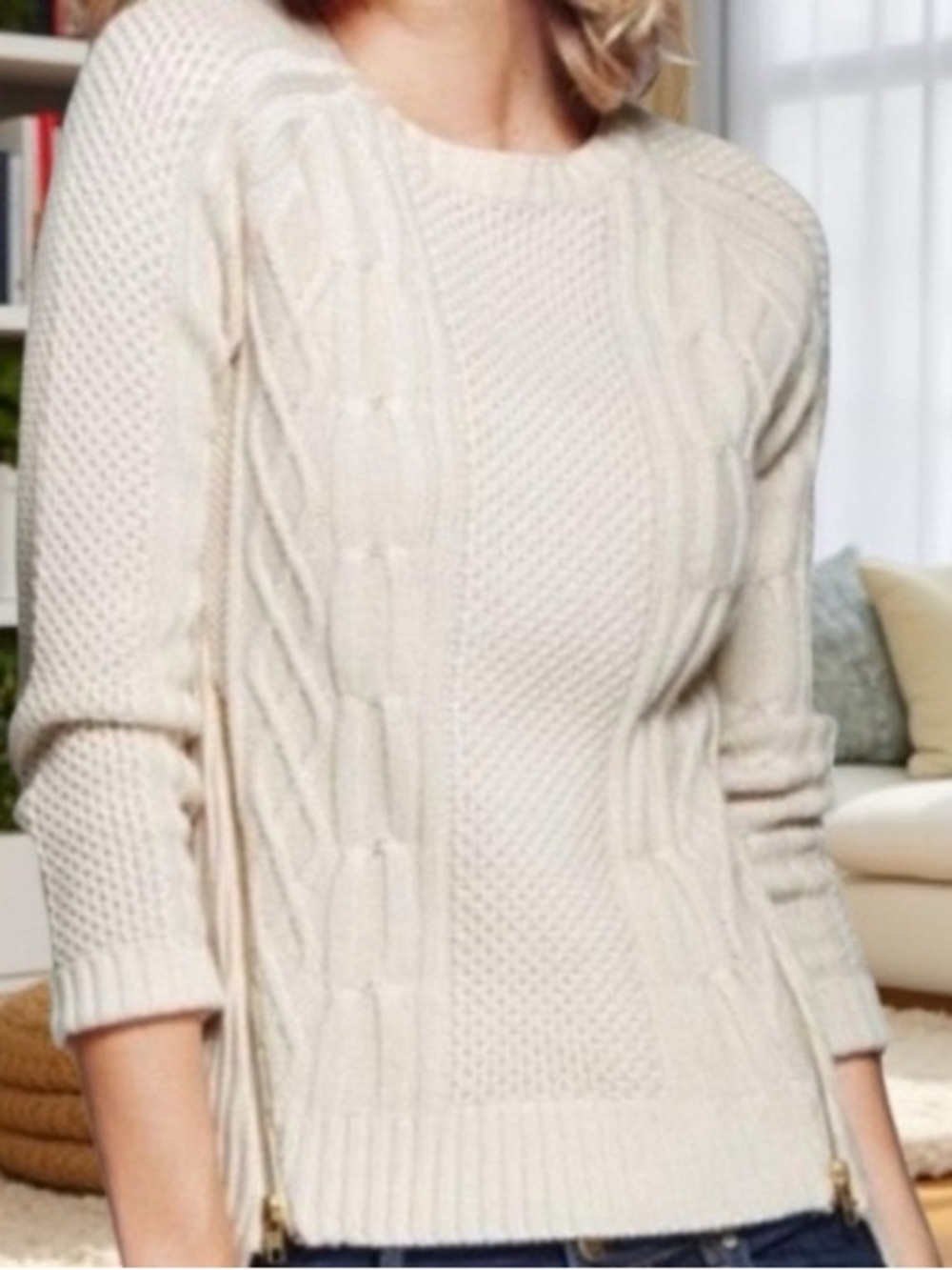Cabi Cream Cable & Seed-Stitch Crewneck Sweater
